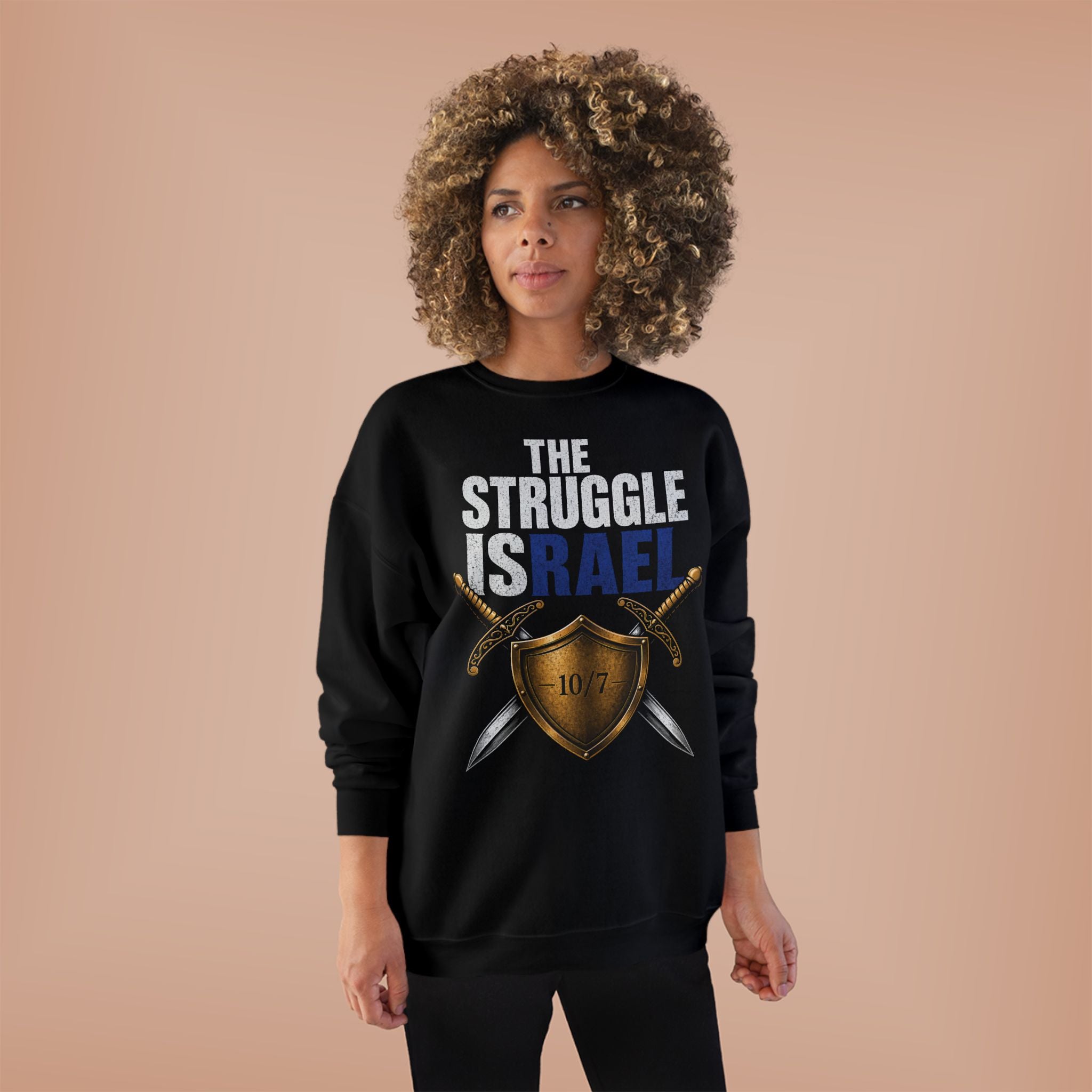 Israel Shield Crewneck Sweatshirt — "The Struggle Is Real" Graphic